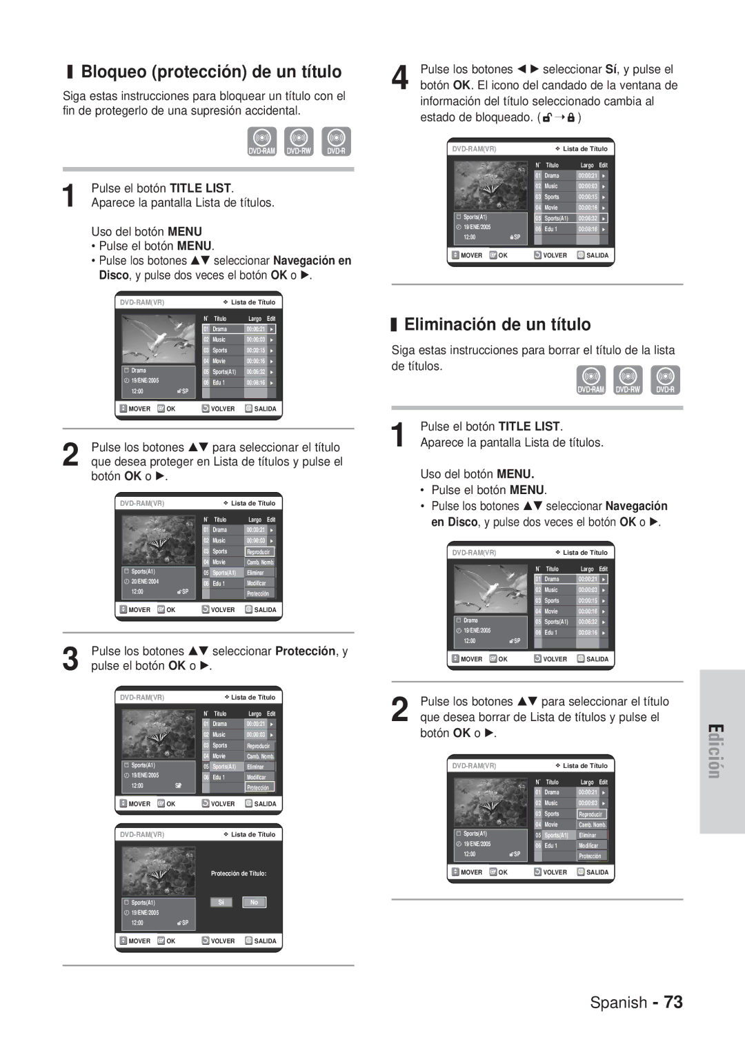 Samsung DVD-VR320/XEF, DVD-VR320/XEG, DVD-VR320/XET, DVD-VR320/XEO Bloqueo protección de un título, Eliminación de un título 