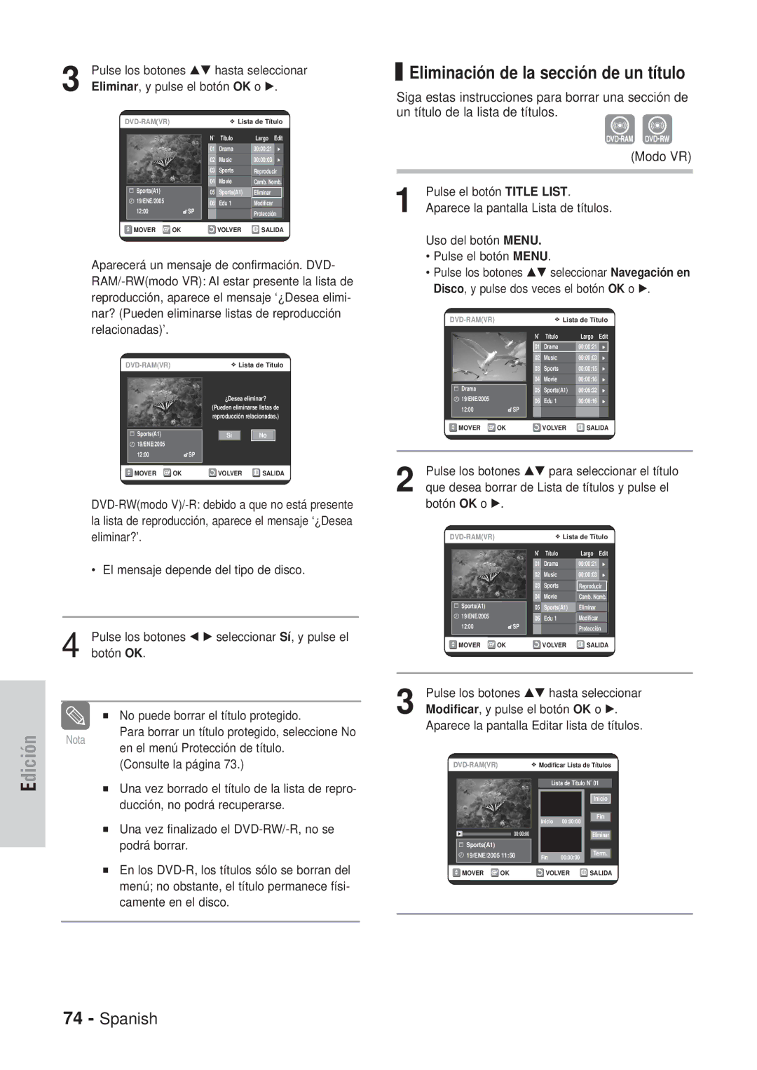 Samsung DVD-VR320/XET, DVD-VR320/XEG manual Eliminación de la sección de un título, Eliminar, y pulse el botón OK o √ 