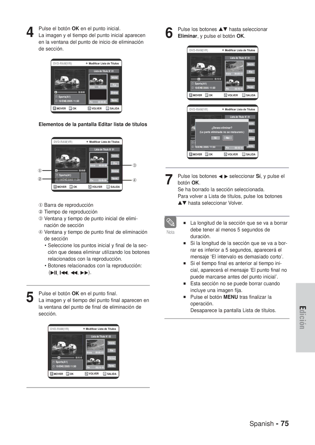 Samsung DVD-VR320/XEO, DVD-VR320/XEG, DVD-VR320/XEF, DVD-VR320/XET manual Elementos de la pantalla Editar lista de títulos 