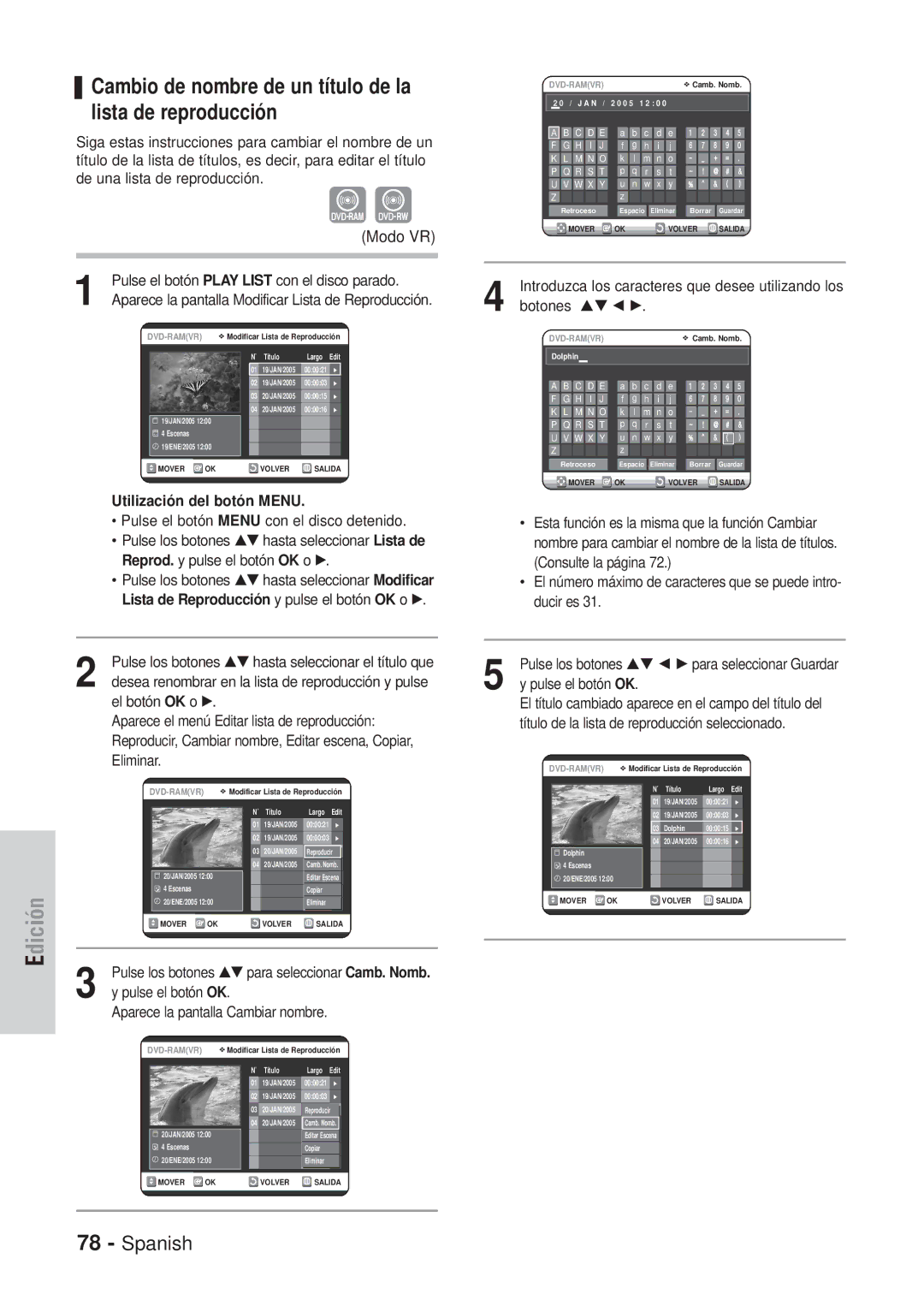 Samsung DVD-VR320/XEE, DVD-VR320/XEG, DVD-VR320/XEF, DVD-VR320/XET Cambio de nombre de un título de la lista de reproducción 