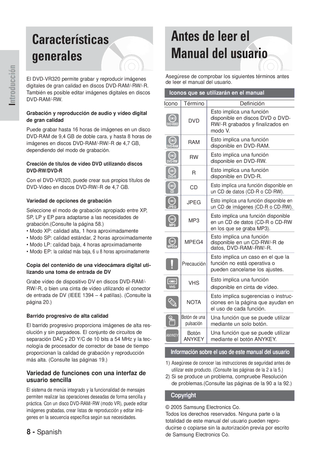 Samsung DVD-VR320/XEH Antes de leer el Manual del usuario, Variedad de funciones con una interfaz de usuario sencilla 