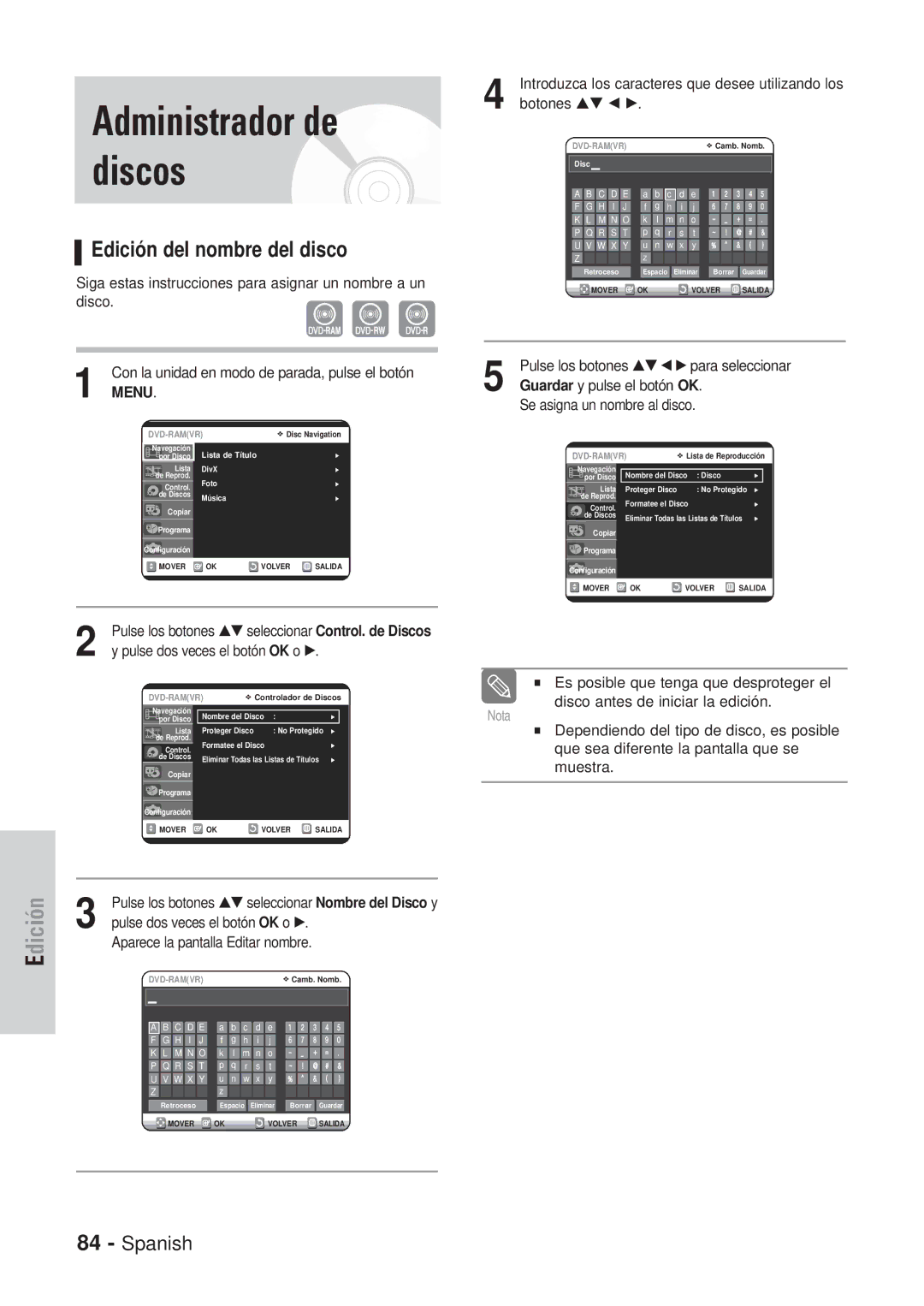 Samsung DVD-VR320/XEG manual Edición del nombre del disco, Siga estas instrucciones para asignar un nombre a un disco 