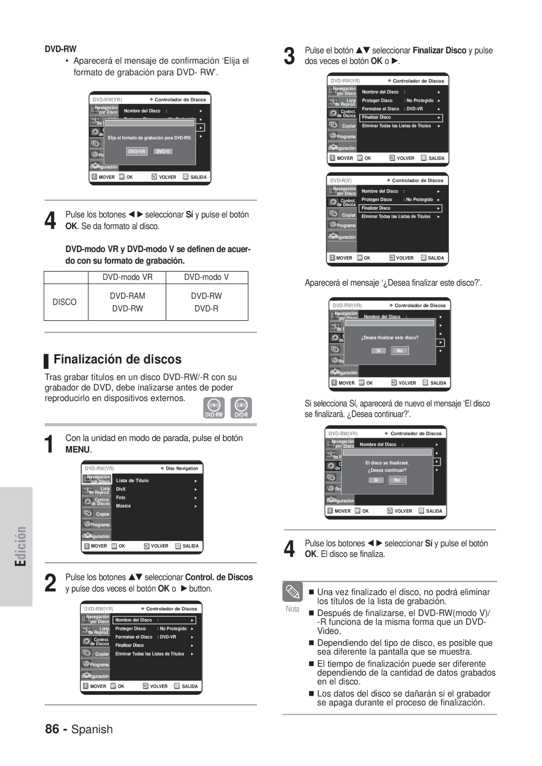 Samsung DVD-VR320/XET, DVD-VR320/XEG, DVD-VR320/XEF, DVD-VR320/XEO, DVD-VR320/SED, DVD-VR320/XEU manual Finalización de discos 