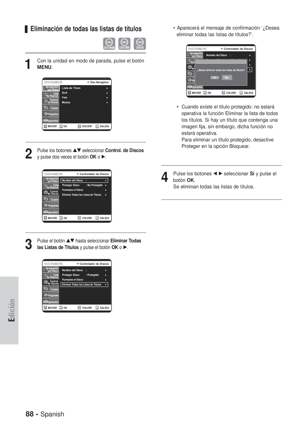 Samsung DVD-VR320/SED manual Eliminación de todas las listas de títulos, Las Listas de Títulos y pulse el botón OK o √ 