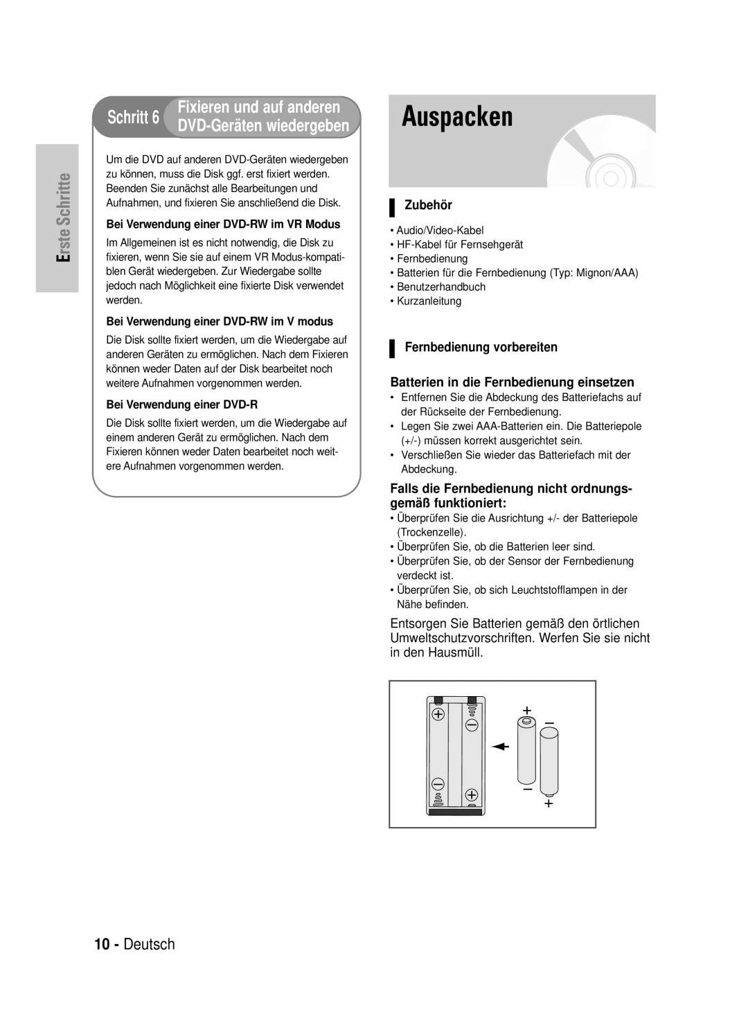 Samsung DVD-VR320/XEG manual Auspacken, Zubehör, Falls die Fernbedienung nicht ordnungs- gemäß funktioniert 