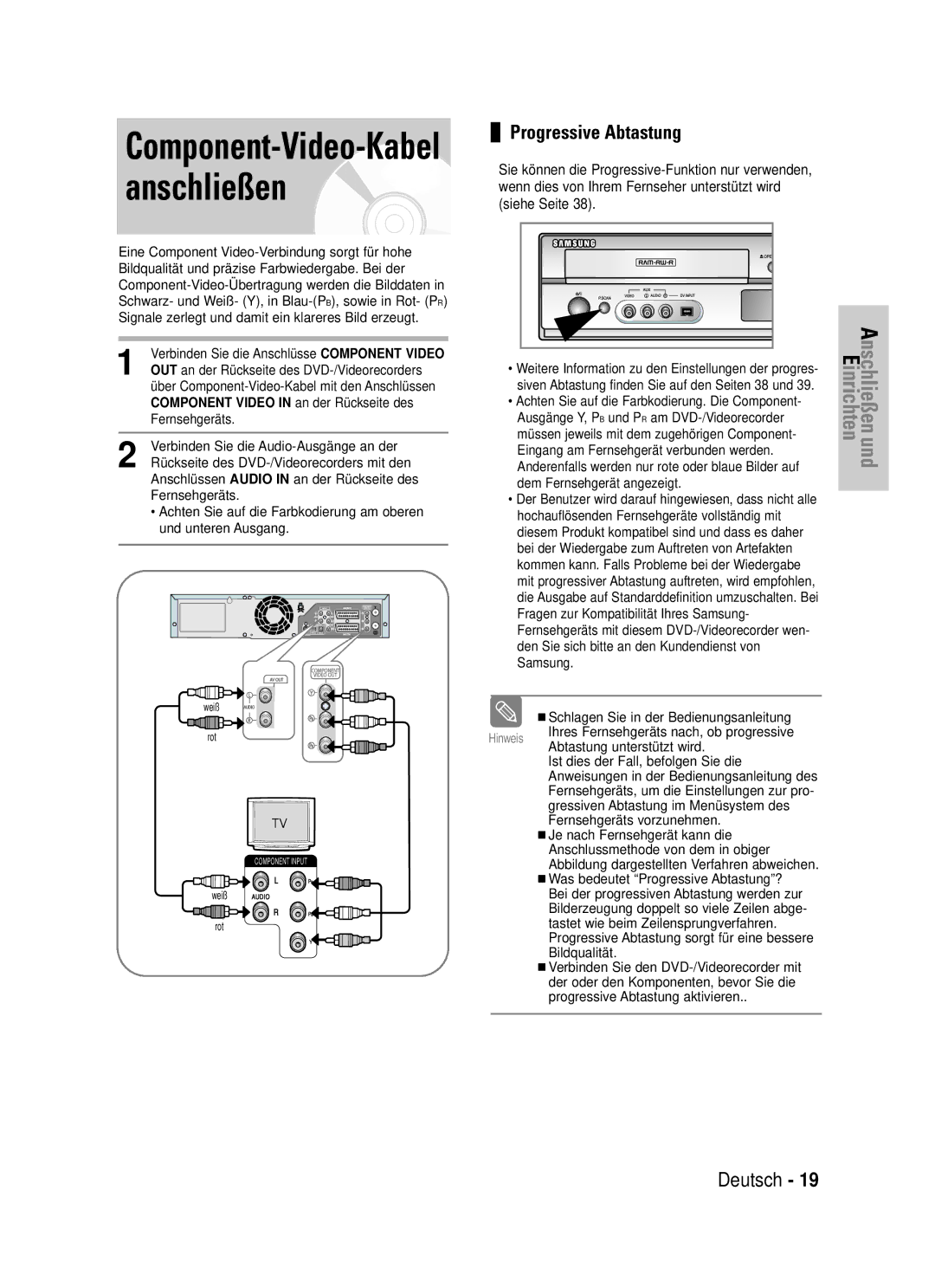 Samsung DVD-VR320/XEG manual Component-Video-Kabel anschließen 