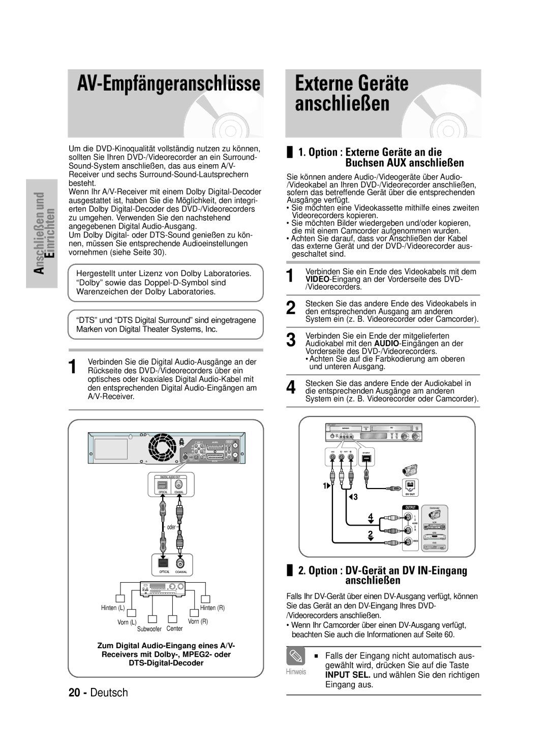 Samsung DVD-VR320/XEG manual Anschließen, Externe Geräte 