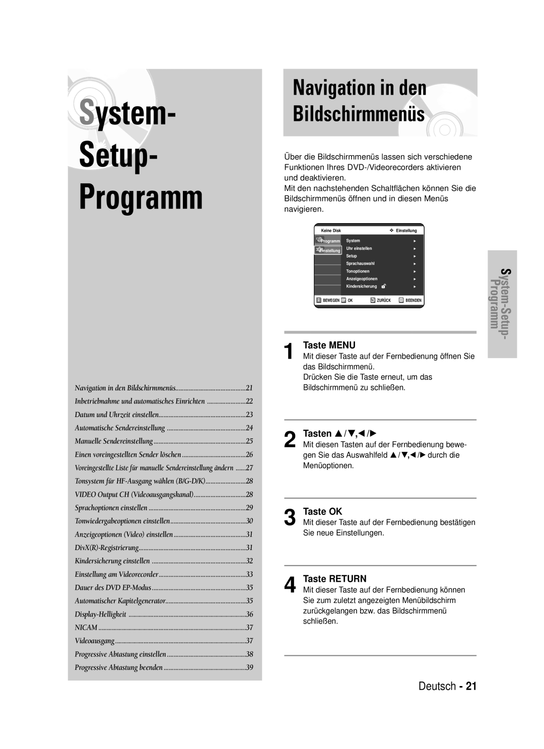 Samsung DVD-VR320/XEG manual Navigation in den Bildschirmmenüs, Tasten … / †, œ / √, Taste OK 