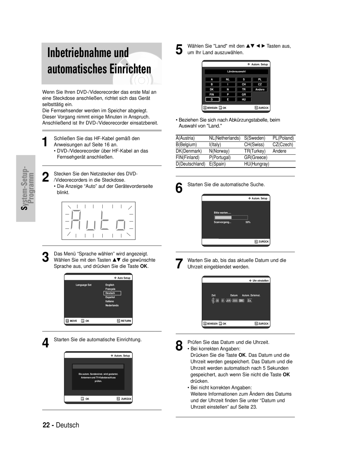 Samsung DVD-VR320/XEG manual Wählen Sie Land mit den …† œ √ Tasten aus, Um Ihr Land auszuwählen 