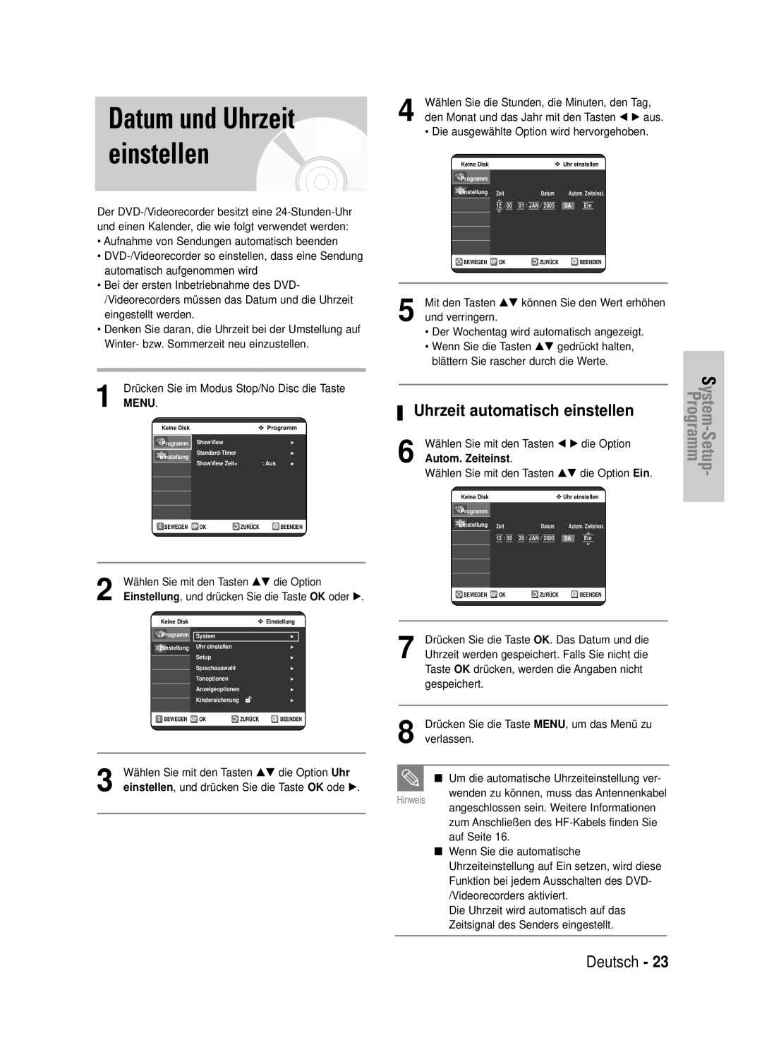 Samsung DVD-VR320/XEG manual Datum und Uhrzeit einstellen, Uhrzeit automatisch einstellen 