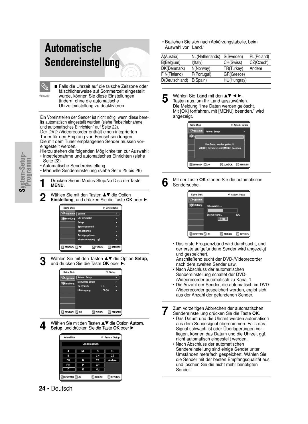 Samsung DVD-VR320/XEG manual Automatische Sendereinstellung 