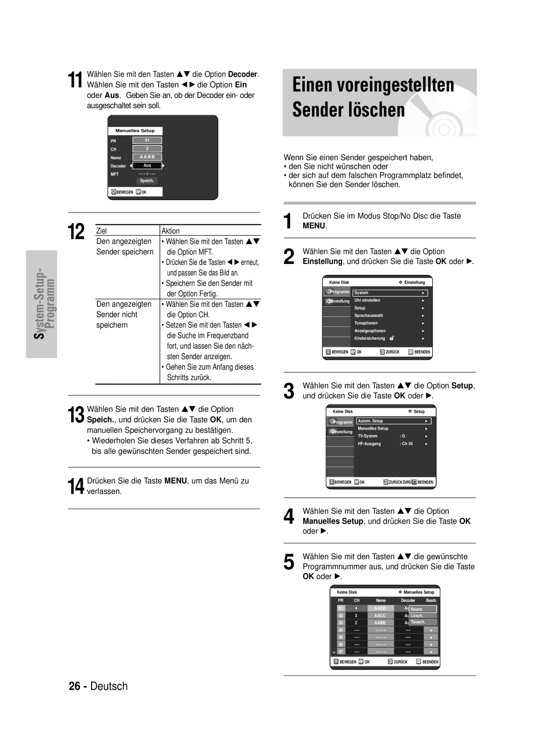 Samsung DVD-VR320/XEG manual Ziel Aktion Den angezeigten, Sender speichern Die Option MFT, Den Sie nicht wünschen oder 