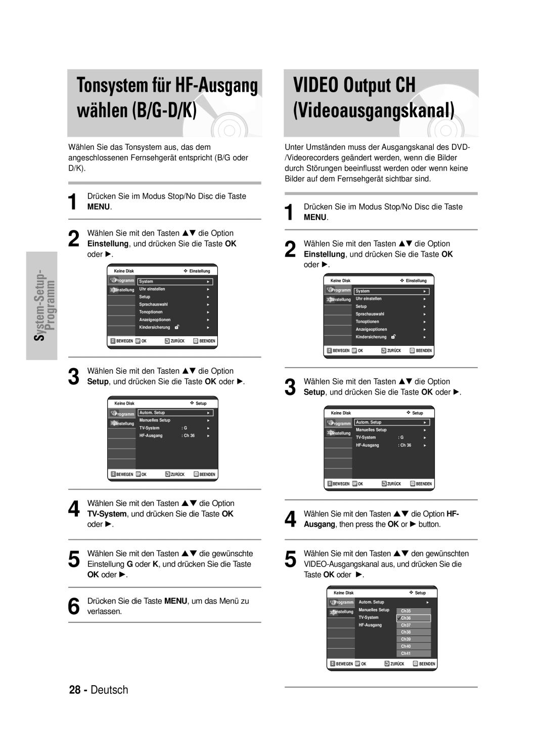 Samsung DVD-VR320/XEG manual Wählen B/G-D/K, Tonsystem für HF-Ausgang 