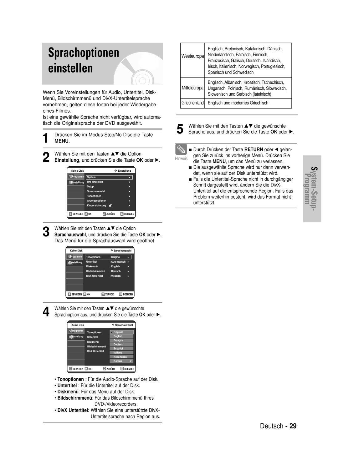 Samsung DVD-VR320/XEG manual Sprachoptionen einstellen, Gen Sie zurück ins vorherige Menü. Drücken Sie 