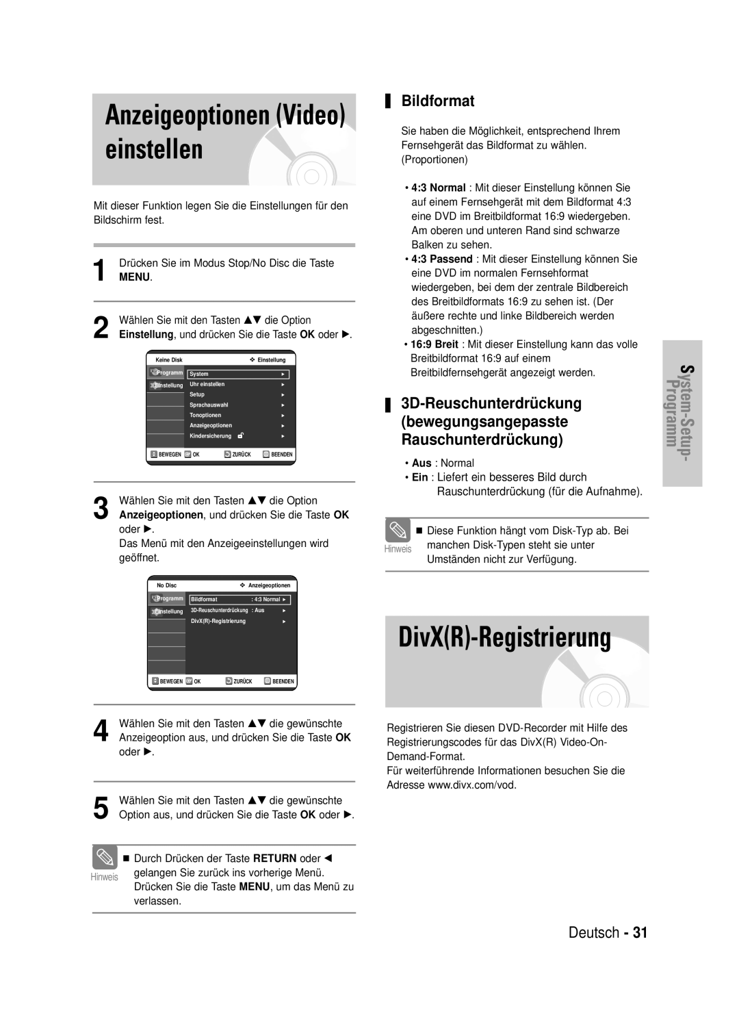 Samsung DVD-VR320/XEG manual Anzeigeoptionen Video einstellen, DivXR-Registrierung, Bildformat, 3D-Reuschunterdrü ckung 