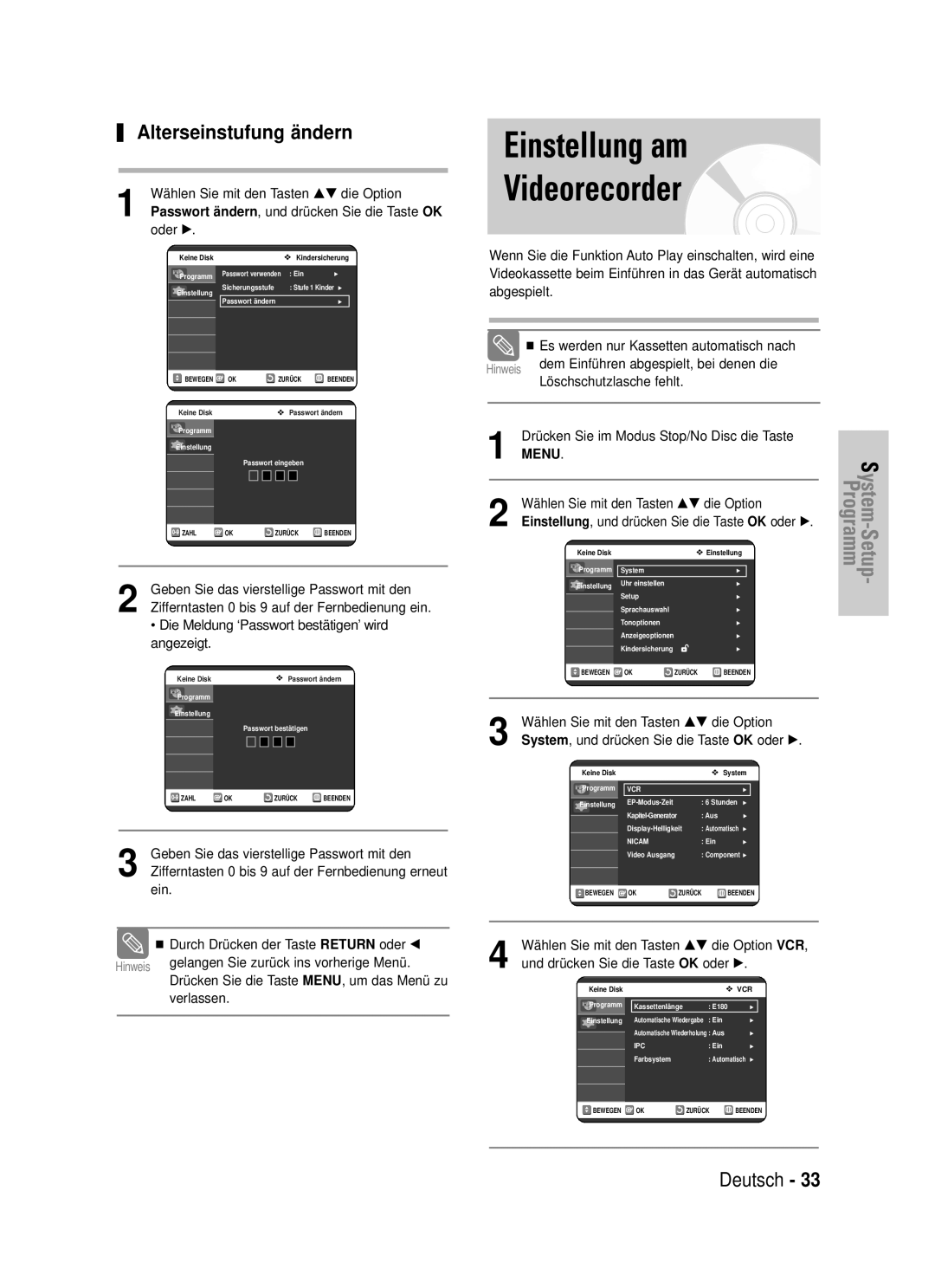 Samsung DVD-VR320/XEG Einstellung am Videorecorder, Alterseinstufung ä ndern, Geben Sie das vierstellige Passwort mit den 