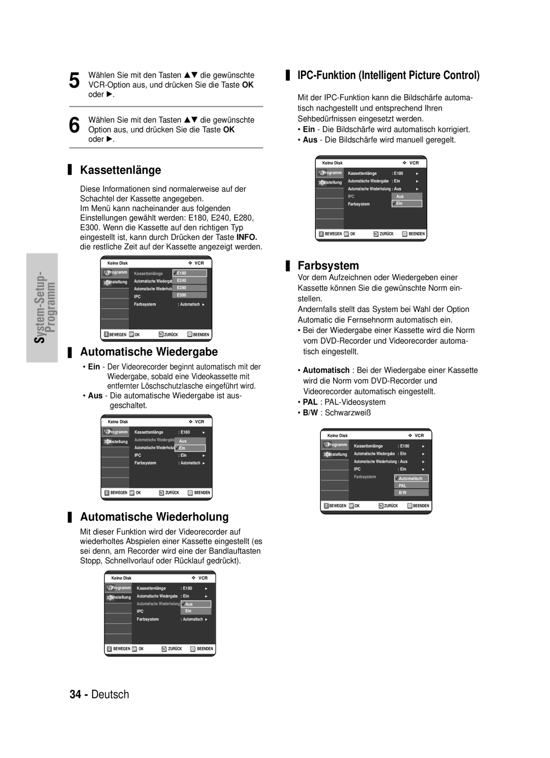 Samsung DVD-VR320/XEG manual Kassettenlä nge, Automatische Wiedergabe, Automatische Wiederholung, Farbsystem 