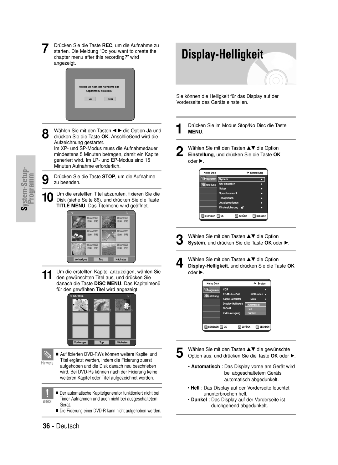 Samsung DVD-VR320/XEG manual Display-Helligkeit 