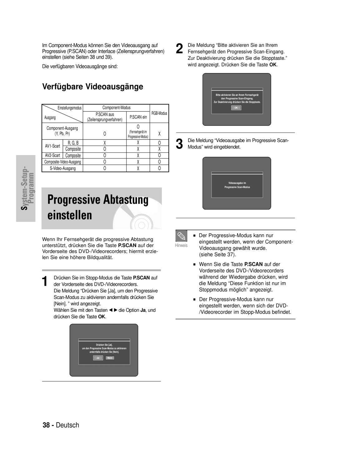 Samsung DVD-VR320/XEG manual Einstellen, Progressive Abtastung 