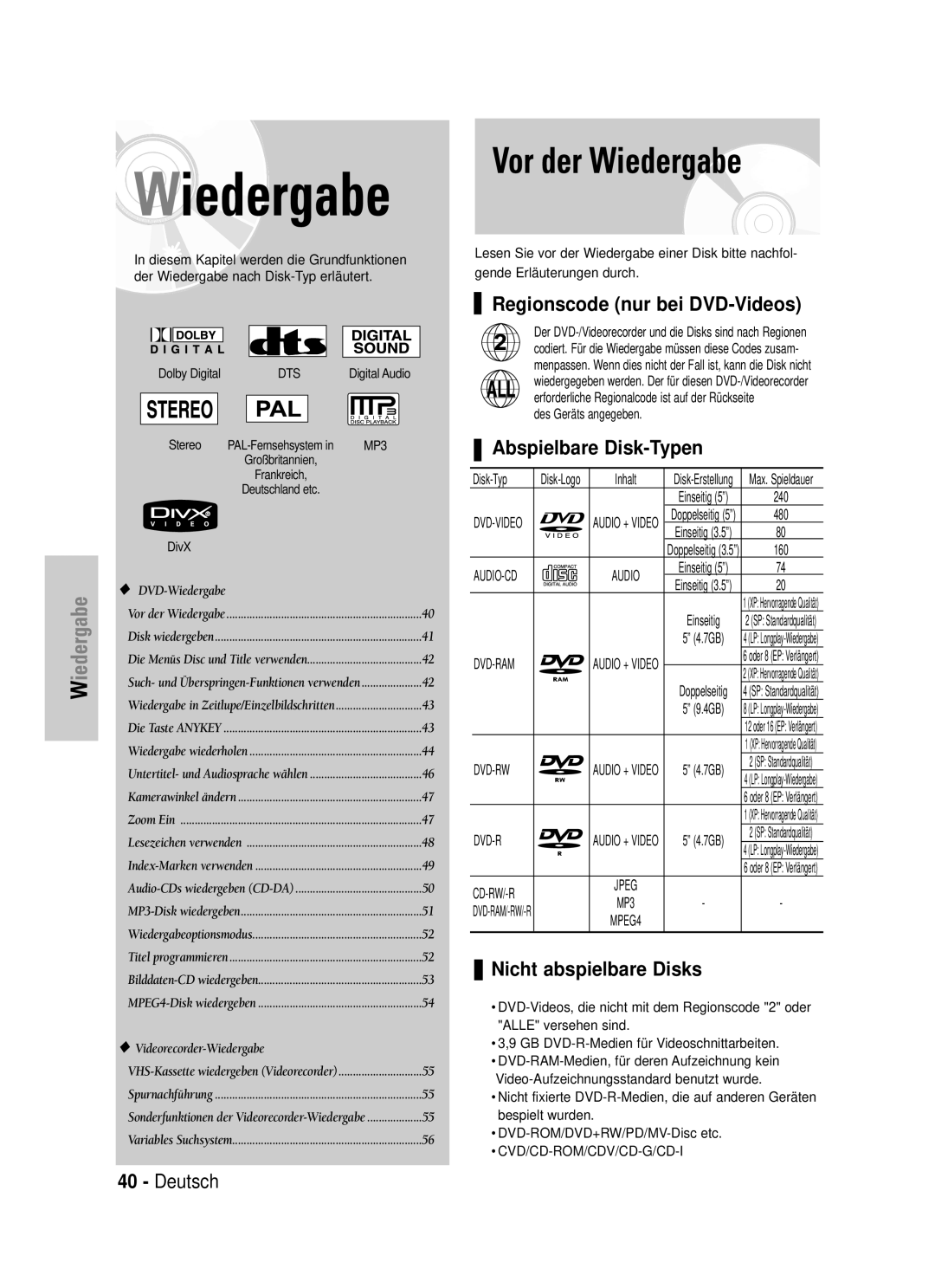 Samsung DVD-VR320/XEG Vor der Wiedergabe, Regionscode nur bei DVD-Videos, Abspielbare Disk-Typen, Nicht abspielbare Disks 