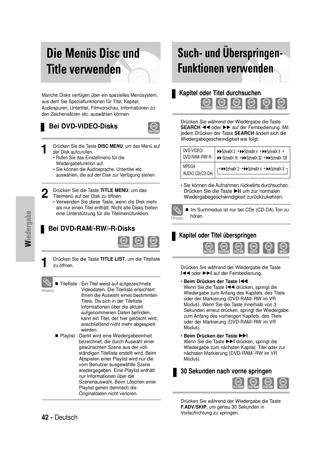 Samsung DVD-VR320/XEG manual Die Menüs Disc und Title verwenden 