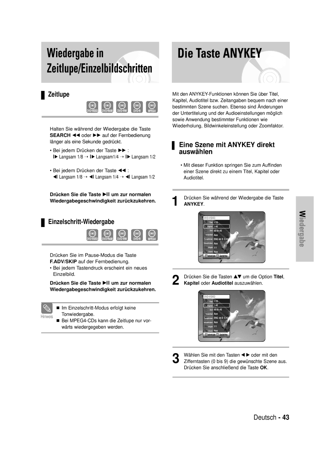 Samsung DVD-VR320/XEG manual Die Taste Anykey, Zeitlupe, Einzelschritt-Wiedergabe, Eine Szene mit Anykey direkt auswä hlen 