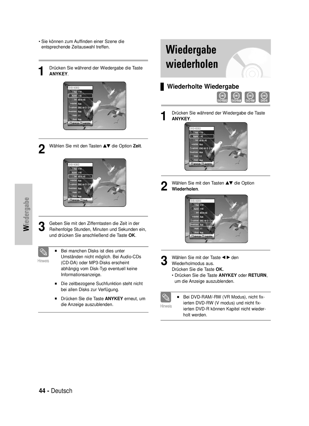 Samsung DVD-VR320/XEG manual Wiedergabe wiederholen, Wiederholte Wiedergabe 