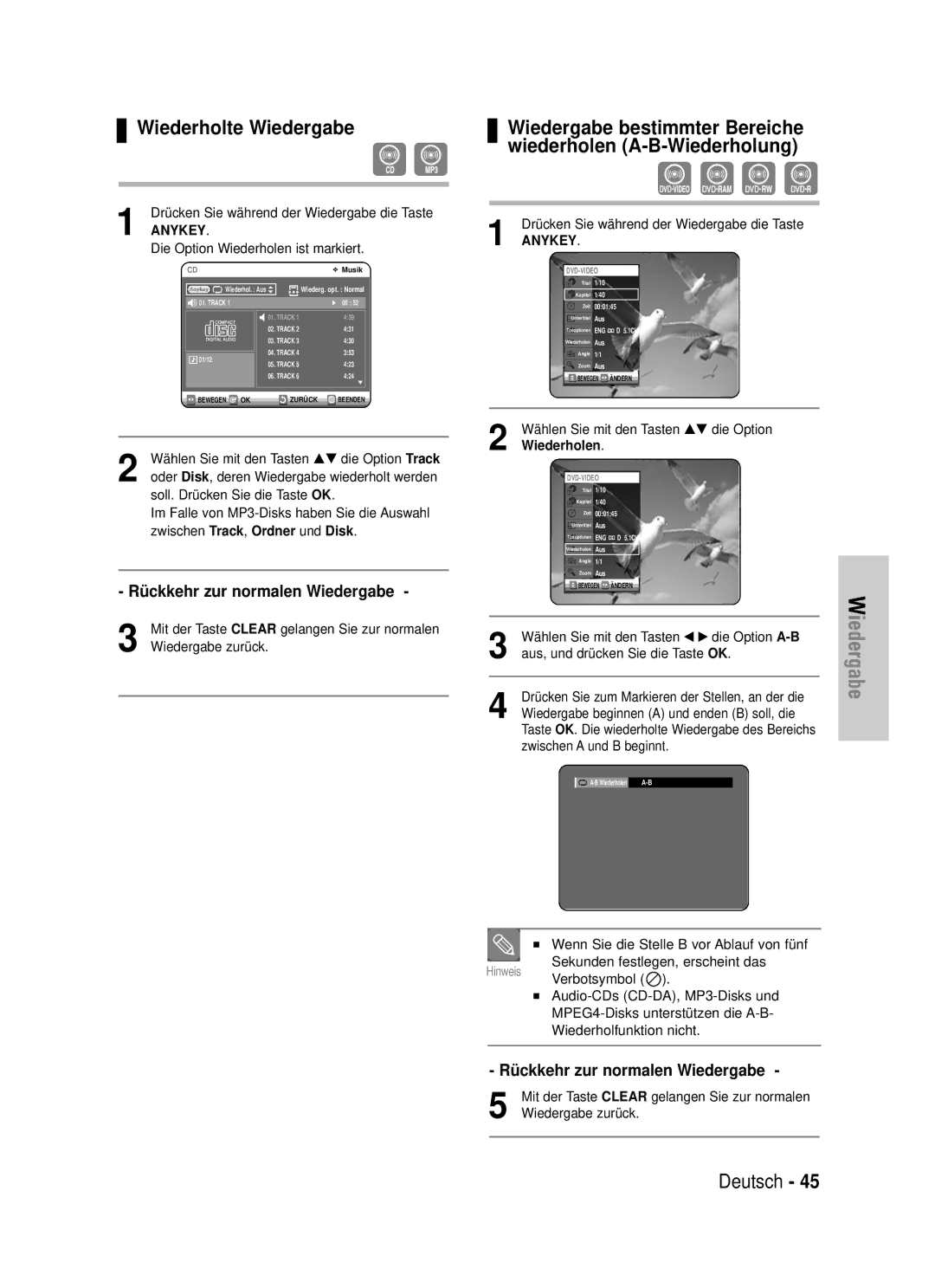 Samsung DVD-VR320/XEG manual Rü ckkehr zur normalen Wiedergabe, Wählen Sie mit den Tasten œ √ die Option A-B 