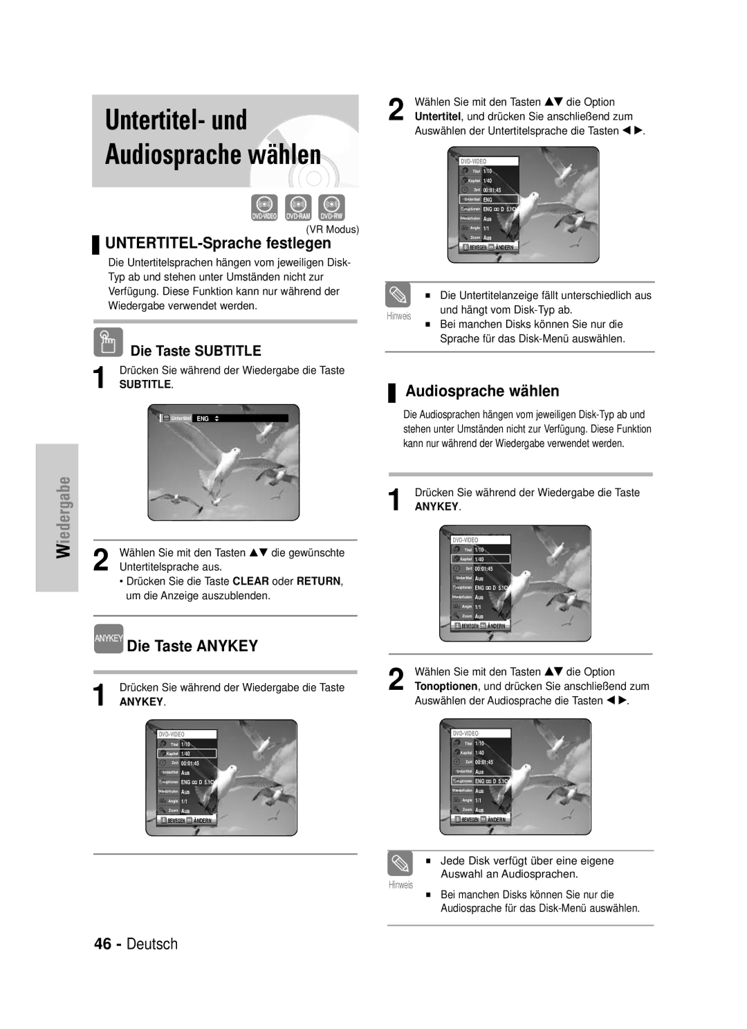 Samsung DVD-VR320/XEG manual Untertitel- und Audiosprache wählen, UNTERTITEL-Sprache festlegen, Die Taste Anykey 