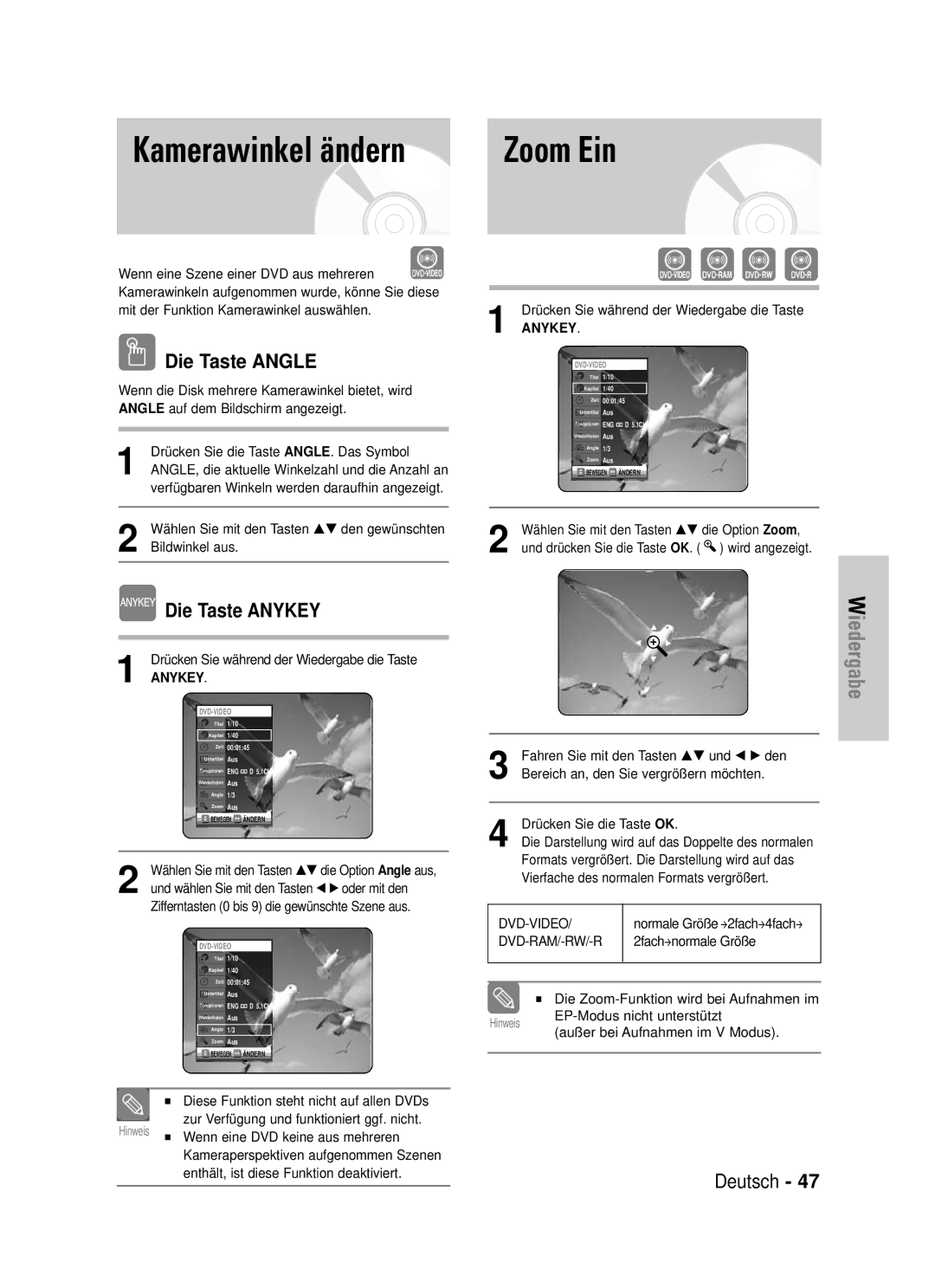 Samsung DVD-VR320/XEG manual Kamerawinkel ändern, Die Taste Angle 