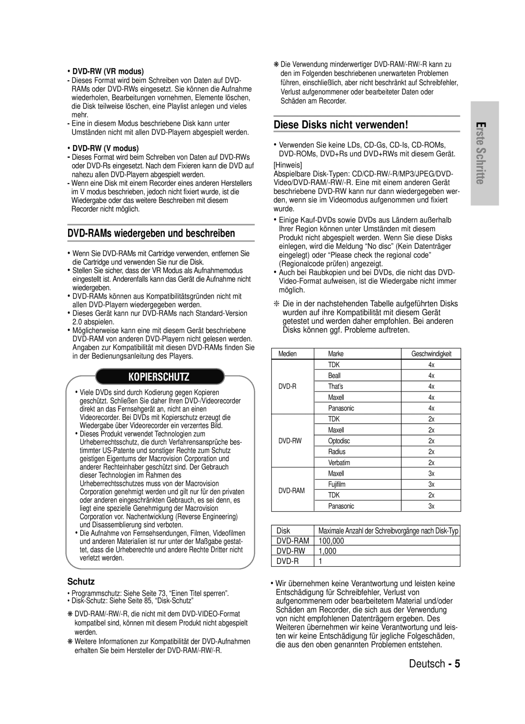 Samsung DVD-VR320/XEG manual Diese Disks nicht verwenden, Schutz 