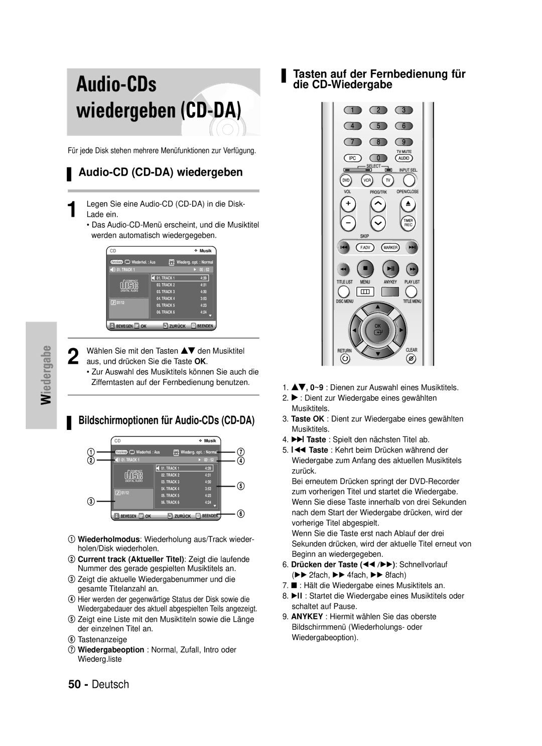 Samsung DVD-VR320/XEG Audio-CDs wiedergeben CD-DA, Audio-CD CD-DA wiedergeben, Bildschirmoptionen für Audio-CDs CD-DA 