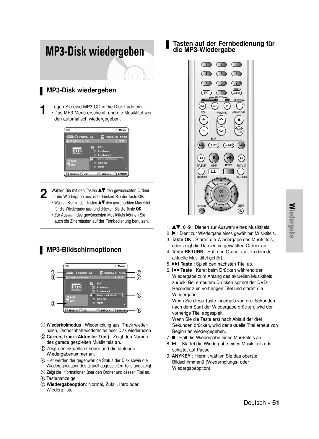 Samsung DVD-VR320/XEG MP3-Disk wiedergeben, MP3-Bildschirmoptionen, Tasten auf der Fernbedienung für die MP3-Wiedergabe 