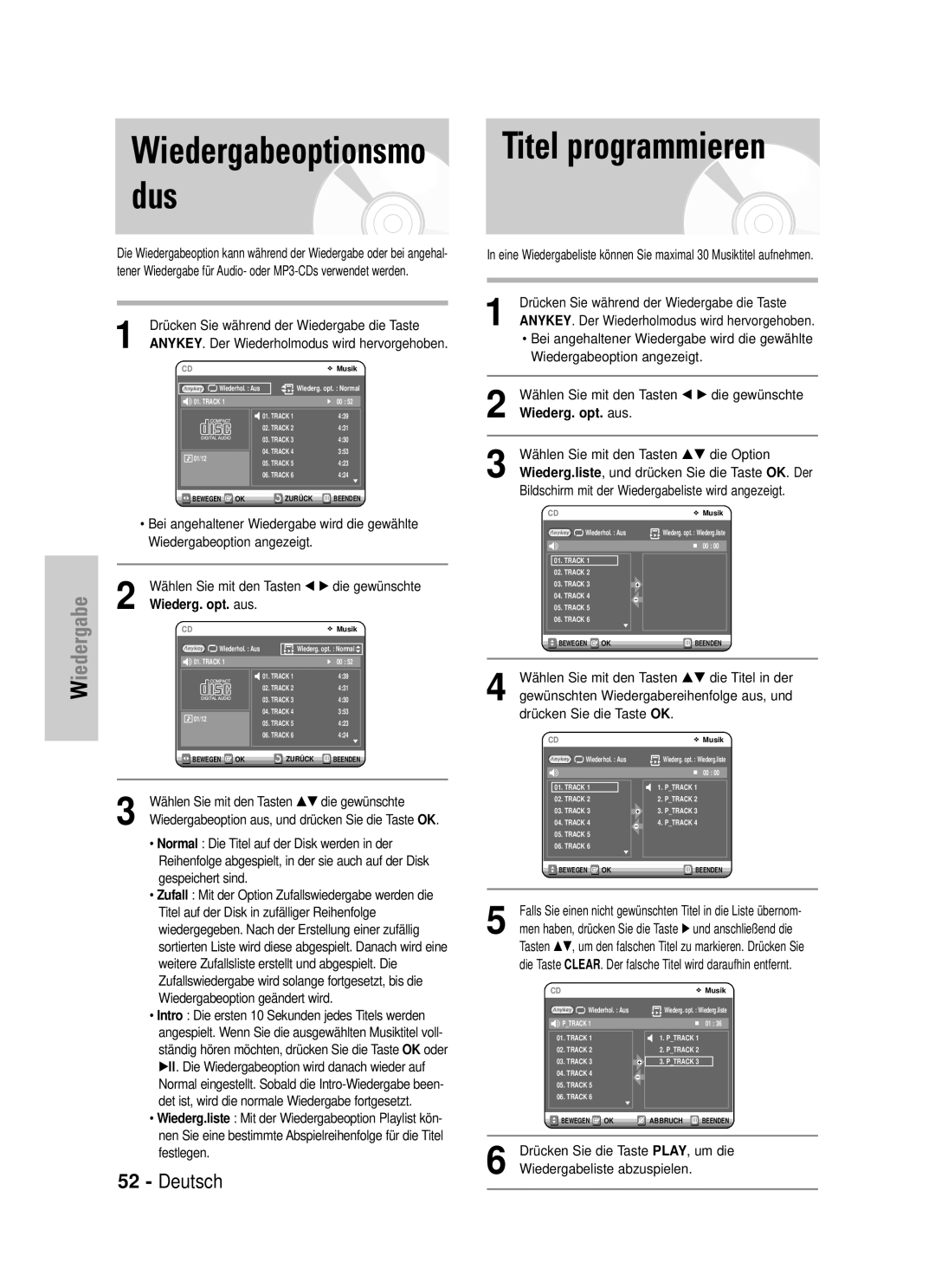 Samsung DVD-VR320/XEG manual Dus, Titel programmieren, Wählen Sie mit den Tasten œ √ die gewünschte, Wiederg. opt. aus 