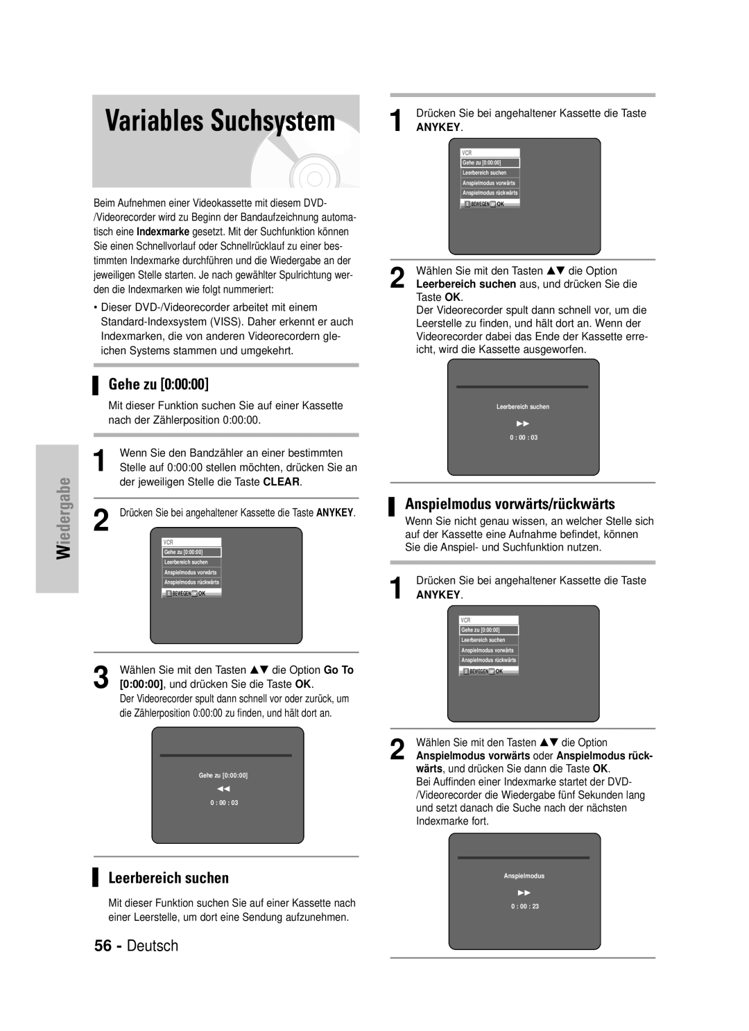 Samsung DVD-VR320/XEG manual Stelle auf 00000 stellen möchten, drücken Sie an, Der jeweiligen Stelle die Taste Clear 