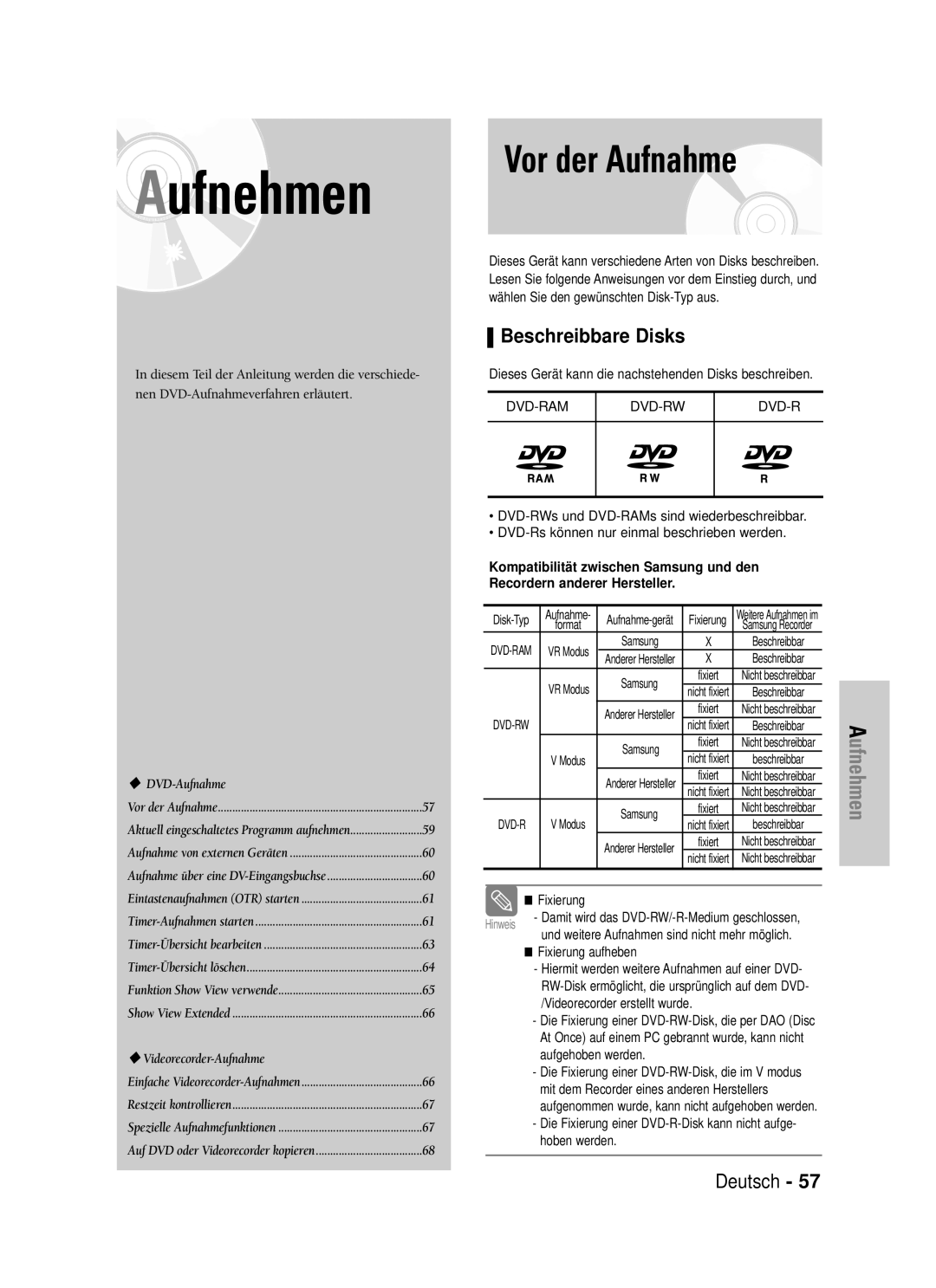 Samsung DVD-VR320/XEG manual Vor der Aufnahme, Beschreibbare Disks 