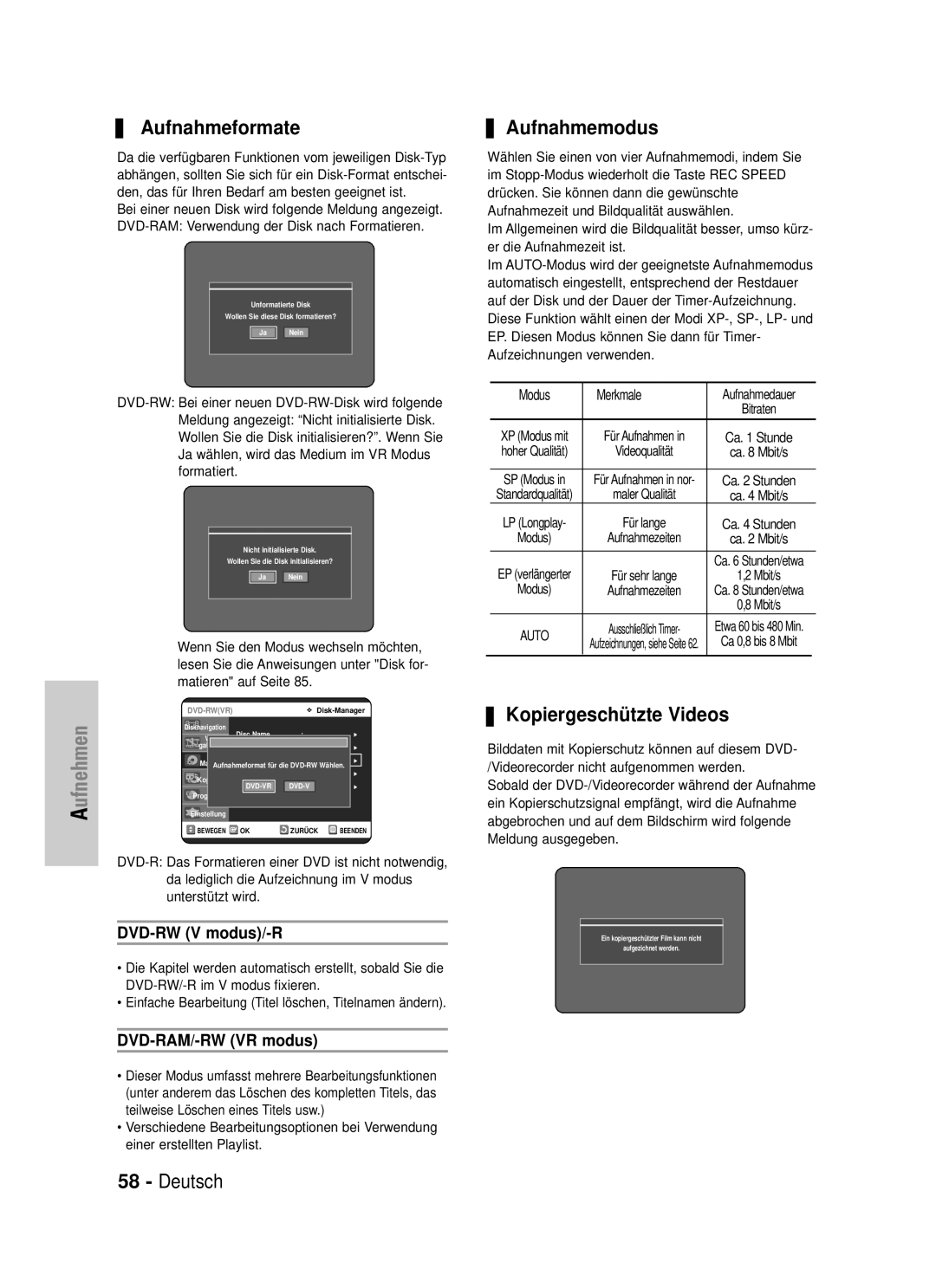 Samsung DVD-VR320/XEG Aufnahmeformate, Aufnahmemodus, Kopiergeschützte Videos, DVD-RW V modus/-R, DVD-RAM/-RW VR modus 