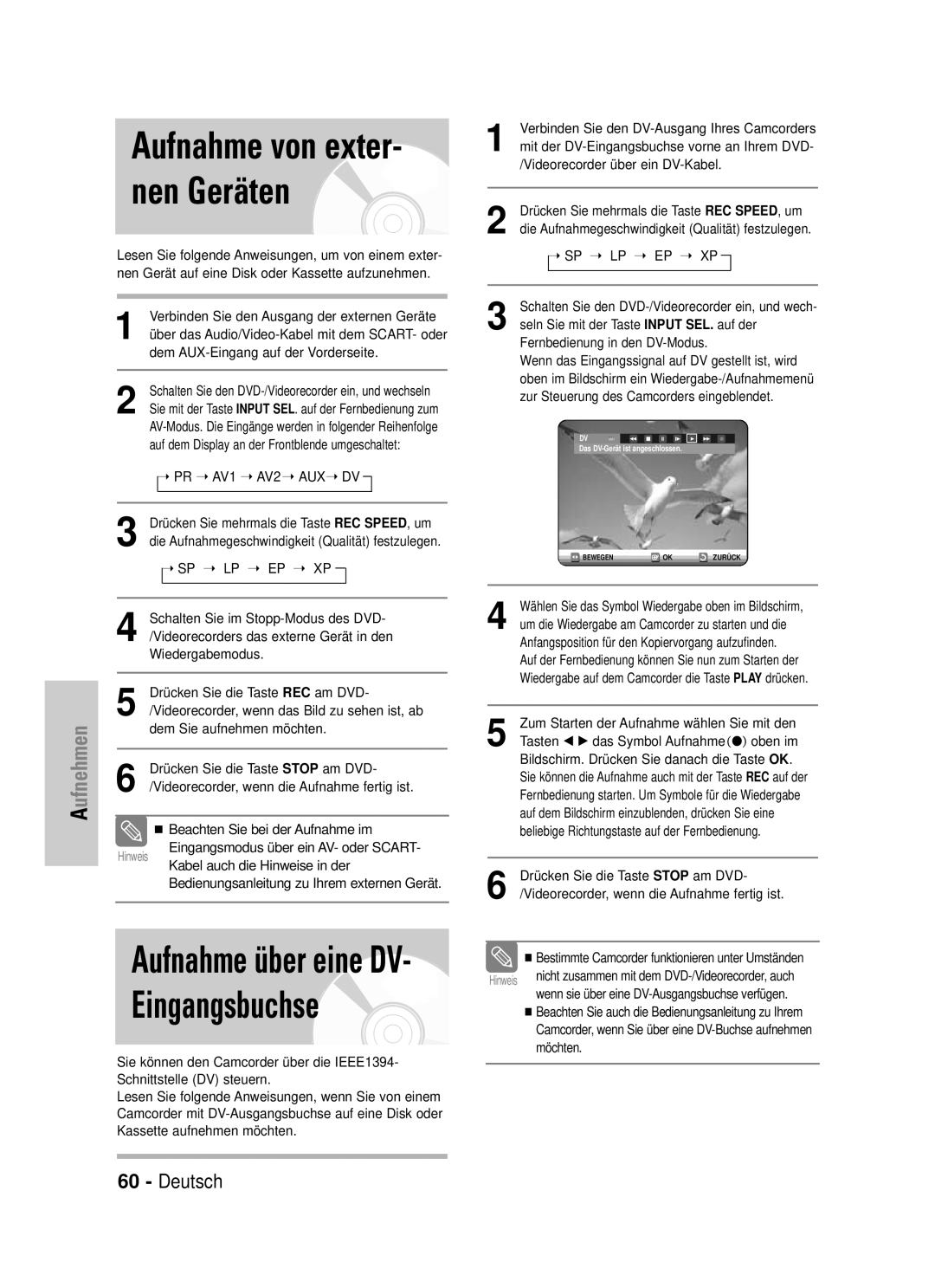 Samsung DVD-VR320/XEG manual Aufnahme über eine DV- Eingangsbuchse 