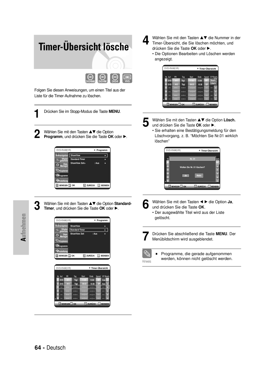 Samsung DVD-VR320/XEG manual Timer-Übersicht lösche, Timer, und drücken Sie die Taste OK oder √ 