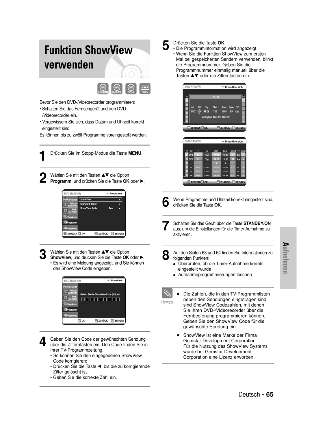 Samsung DVD-VR320/XEG manual Funktion ShowView verwenden, Die Zahlen, die in den TV-Programmlisten 