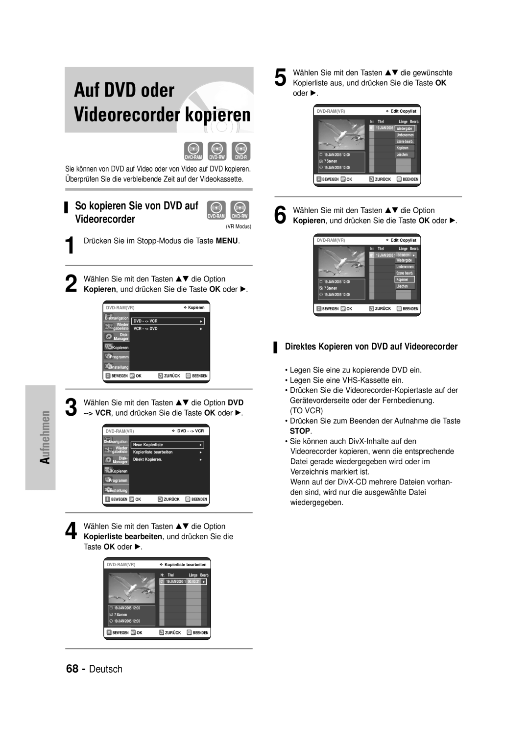 Samsung DVD-VR320/XEG manual Auf DVD oder, Videorecorder kopieren, So kopieren Sie von DVD auf Videorecorder 