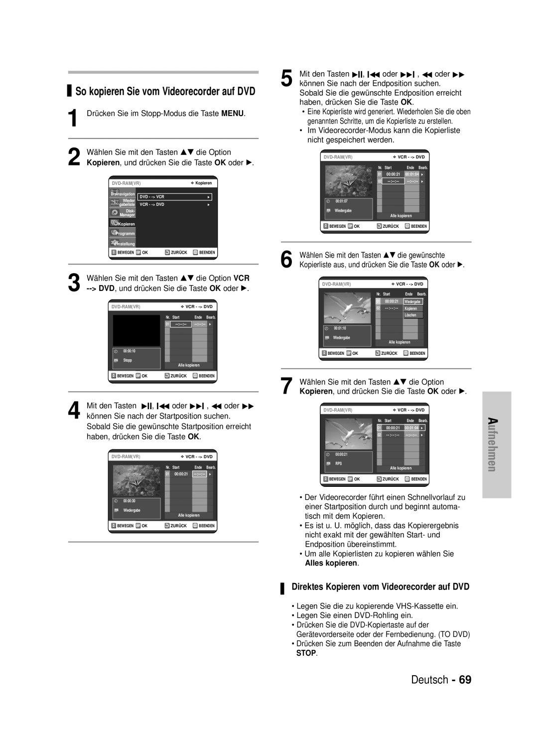 Samsung DVD-VR320/XEG manual So kopieren Sie vom Videorecorder auf DVD, Direktes Kopieren vom Videorecorder auf DVD 