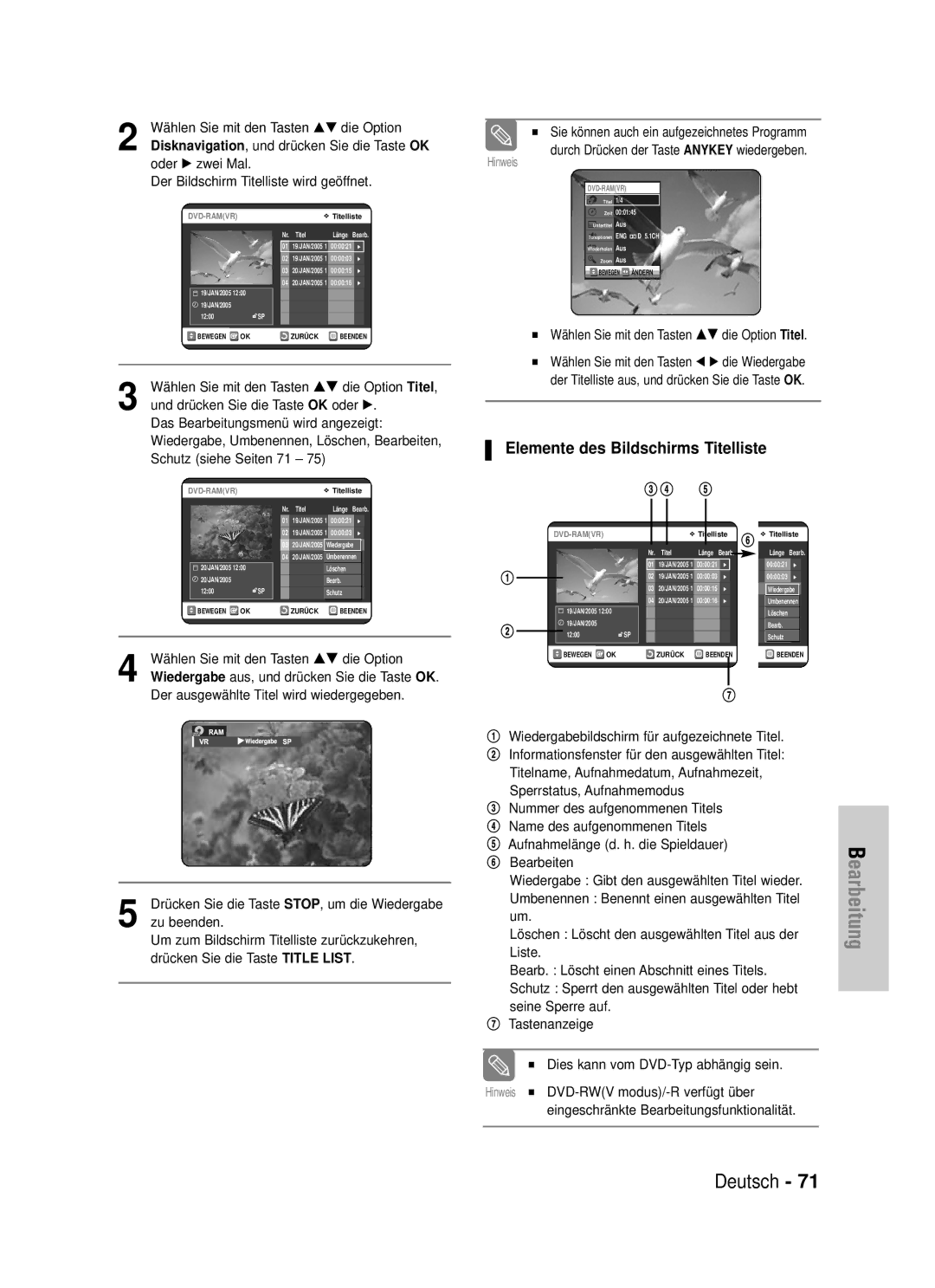 Samsung DVD-VR320/XEG manual Elemente des Bildschirms Titelliste, Oder √ zwei Mal Der Bildschirm Titelliste wird geöffnet 