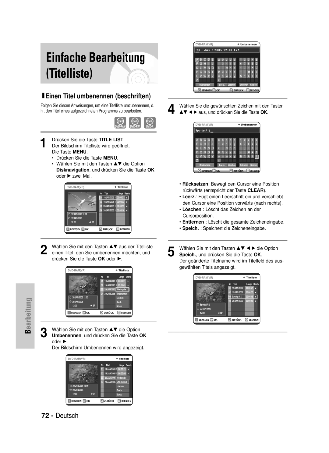 Samsung DVD-VR320/XEG manual Einfache Bearbeitung Titelliste, Wählen Sie mit den Tasten …† aus der Titelliste 