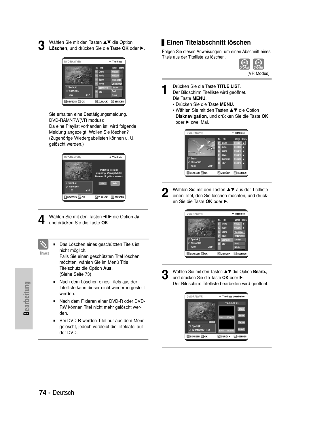 Samsung DVD-VR320/XEG manual Einen Titelabschnitt löschen 