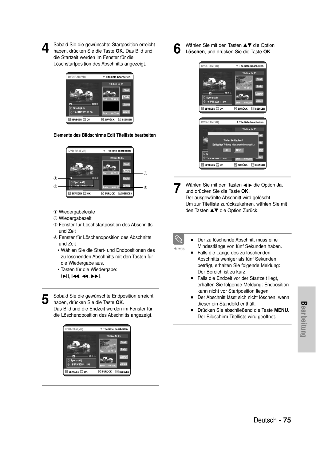 Samsung DVD-VR320/XEG manual Elemente des Bildschirms Edit Titelliste bearbeiten 