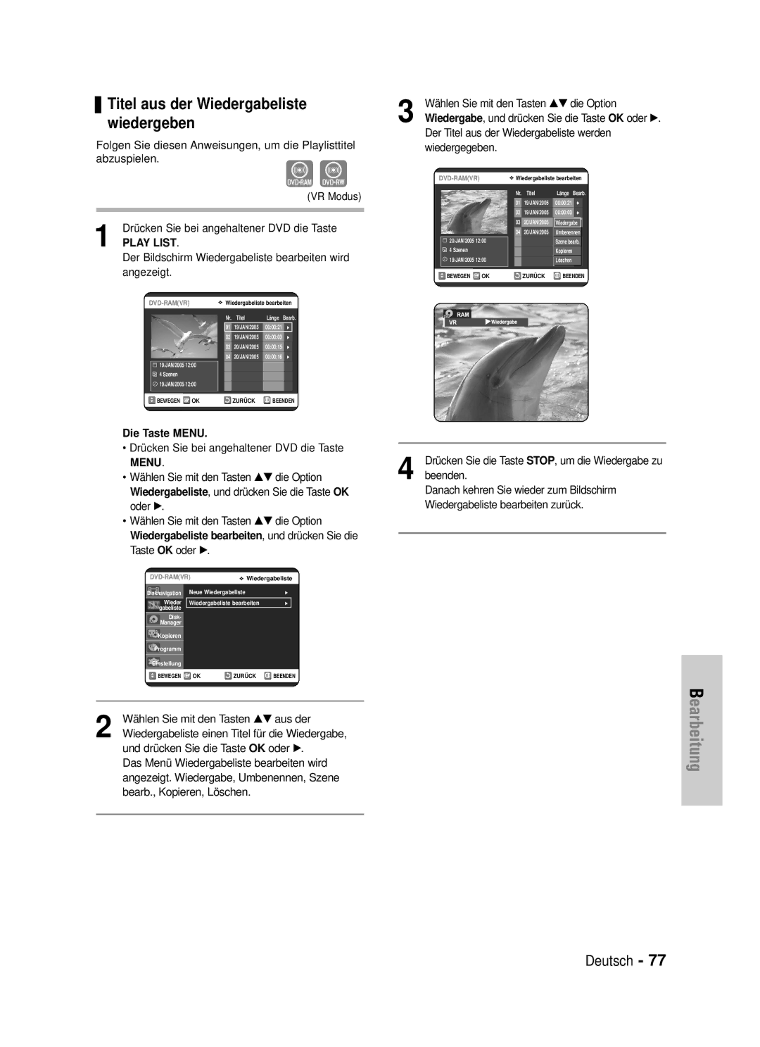 Samsung DVD-VR320/XEG manual Die Taste Menu, Wählen Sie mit den Tasten …† aus der 