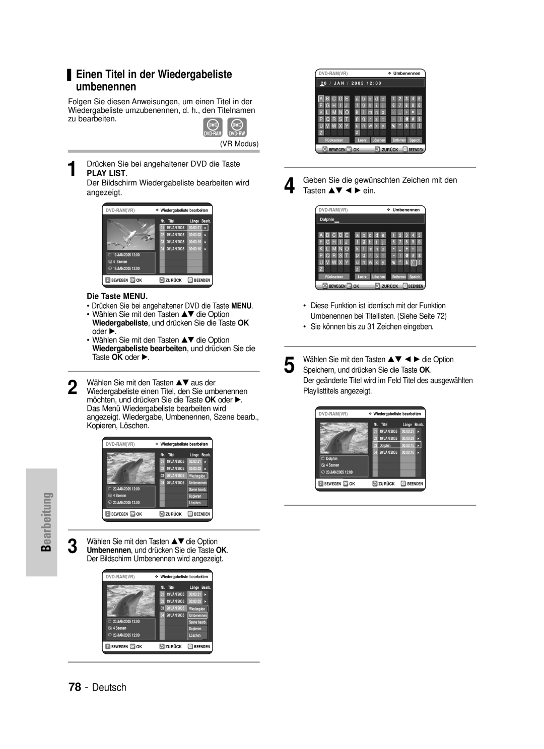 Samsung DVD-VR320/XEG manual Geben Sie die gewünschten Zeichen mit den, Tasten …† œ √ ein, Playlisttitels angezeigt 