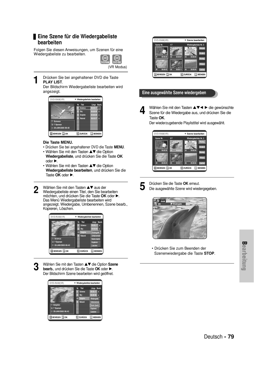 Samsung DVD-VR320/XEG manual Eine Szene für die Wiedergabeliste bearbeiten, Wählen Sie mit den Tasten …†œ √ die gewünschte 