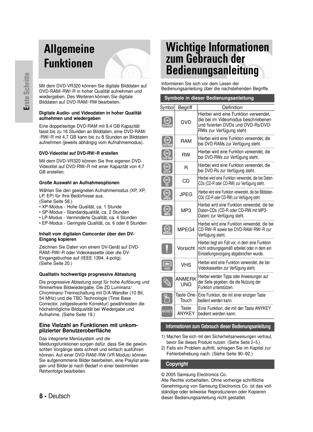 Samsung DVD-VR320/XEG manual Allgemeine Funktionen, Wichtige Informationen zum Gebrauch der Bedienungsanleitung 